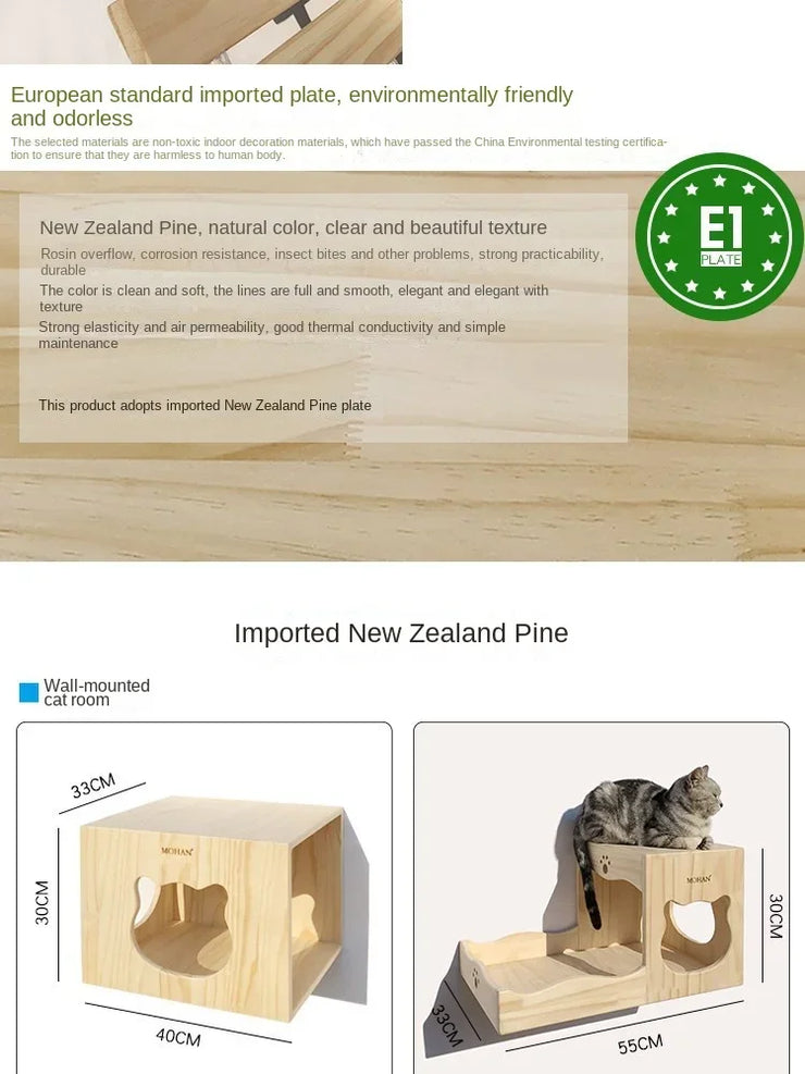 Luxury wooden cat climbing frame made from imported New Zealand pine. Wall-mounted design with natural wood finish, perfect for cats to play and relax.