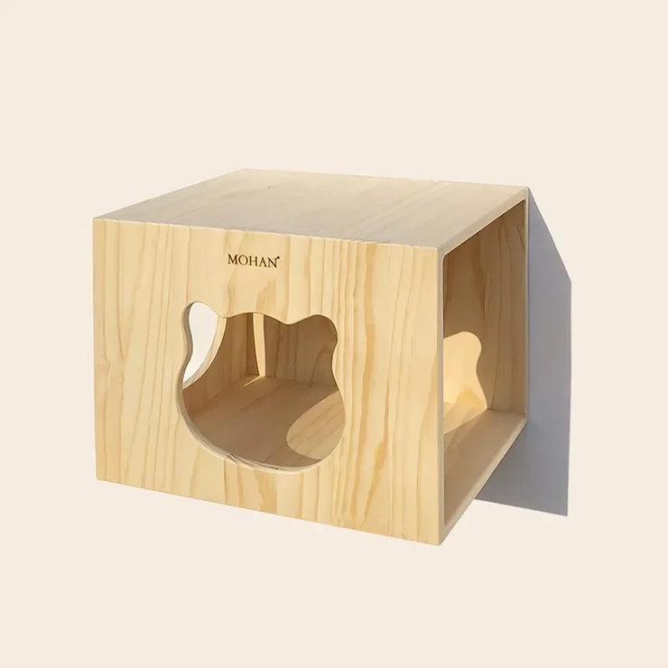 Wooden cat climbing frame with a luxury wall-mounted design. Features a cube-shaped cat house with a paw-shaped entrance, perfect for play and rest.