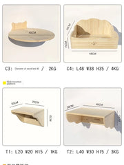 Wooden cat climbing frame with multiple wall-mounted platforms, including a round bed, enclosed cat house, and sturdy shelves for cats to rest and play.