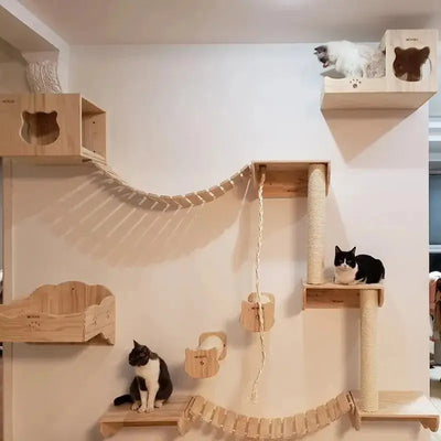 Wooden cat climbing frame with luxury wall-mounted shelves, bridges, and scratching posts. Ideal for indoor cats to climb, play, and relax.