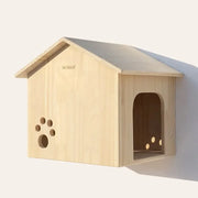 Wooden cat climbing frame with a luxury wall-mounted cat house. Features a cozy enclosed space with paw-shaped ventilation holes, perfect for cats to rest and play.